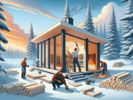 Uma cena ilustrativa da construção de uma sauna de estilo contemporâneo em uma bela paisagem nevada. Os arredores estão repletos de altas árvores perenifólias cobertas de neve. Alguns trabalhadores, uma mulher hispânica e um homem do Oriente Médio, ambos vestidos calorosamente, estão construindo a sauna, empilhando troncos e painéis. A sauna possui paredes de vidro que oferecem uma vista panorâmica da terra do inverno. O céu está repleto de tons de laranja e azul, indicando fim de tarde. O calor de dentro da sauna contrasta com a cena congelada do lado de fora. A construção completa da sauna está sendo alcançada.