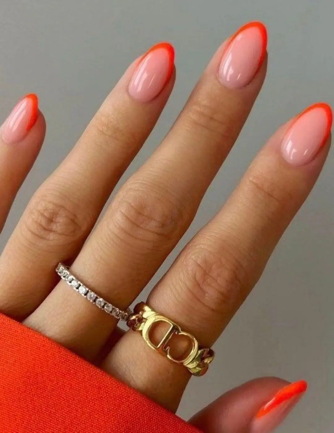 long almond orange tip nails